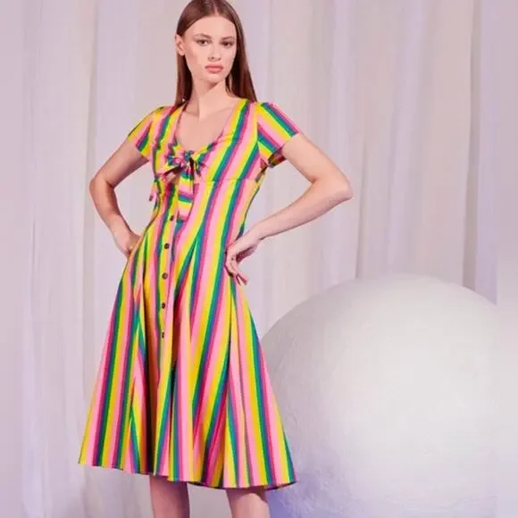 STAUD | Dresses | Staud Alice Rainbow Stripe Tie Front Fit N Flare Pin Up  Midi Dress Size 4 | Poshmark